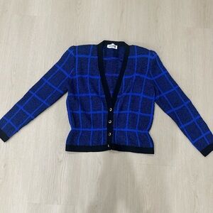 St. John  Blue B Knit Plaid Padded Cardigan Sweater Sz 10 Medium